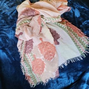 Beautiful Wrap/scarf 36"x72" fringed on all sides. Soft pinks w/green accent $20